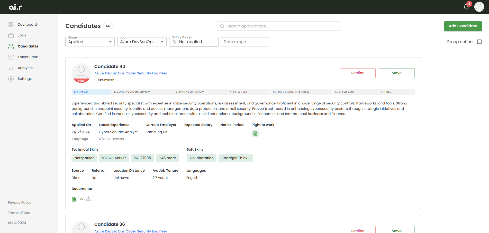 Applicant list screenshot